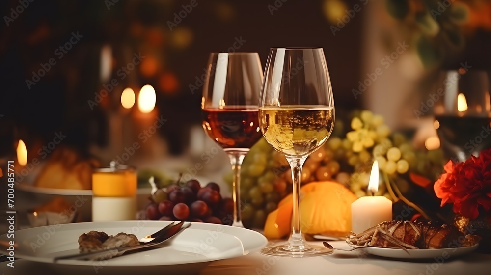 Elegant and select restaurant table Wine Glass and appetizers, on the bar table Soft light and romantic atmosphere dinner wedding service menue 