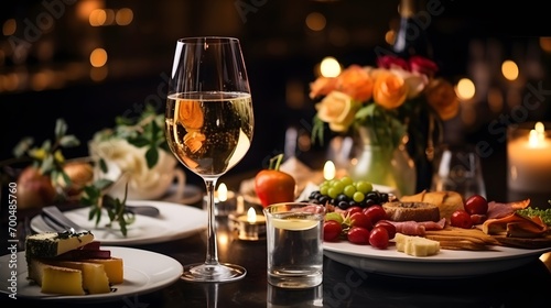Elegant and select restaurant table Wine Glass and appetizers  on the bar table Soft light and romantic atmosphere dinner wedding service menue 