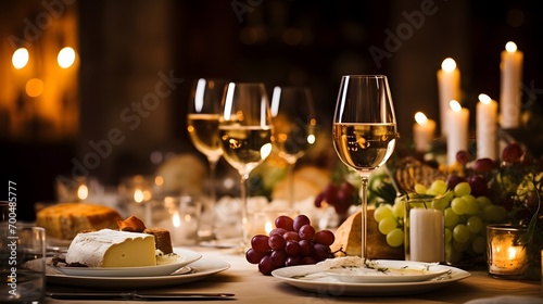 Elegant and select restaurant table Wine Glass and appetizers, on the bar table Soft light and romantic atmosphere dinner wedding service menue  photo