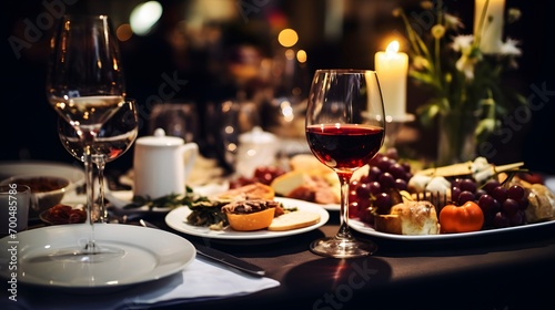 Elegant and select restaurant table Wine Glass and appetizers  on the bar table Soft light and romantic atmosphere dinner wedding service menue 
