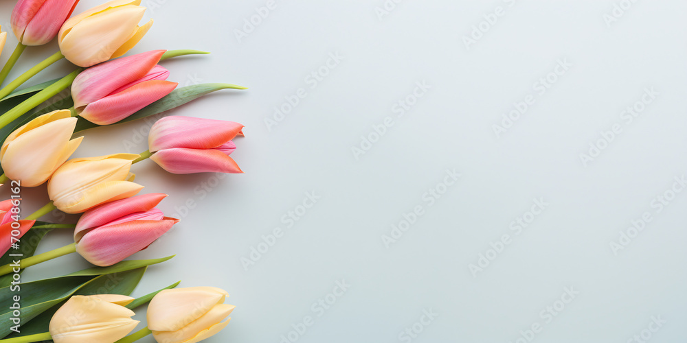 Pink and yellow tulip spring flowers on blue background with copy space - obrazy, fototapety, plakaty 
