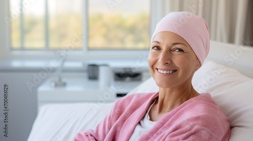 Portrait of the patient woman after chemotherapy female cancer patient wearing head scarf