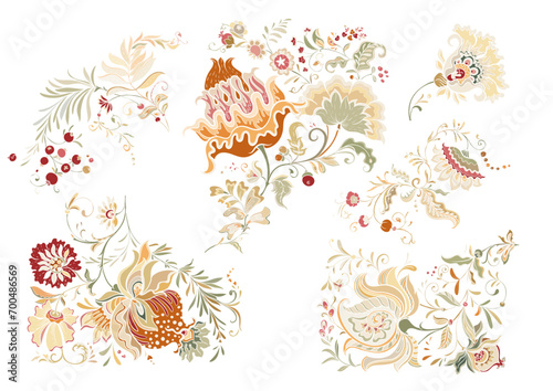 Fantasy flowers in retro, vintage, jacobean embroidery style. Clip art, set of elements for design Vector illustration.