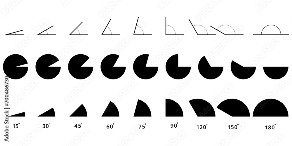 15,30,45,60,75,90,120,150,180 degree icon set.degree of arc and pie chart icon - obrazy, fototapety, plakaty 