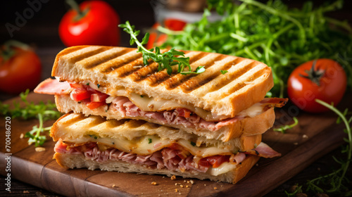 Top view of a panini with ham cheese