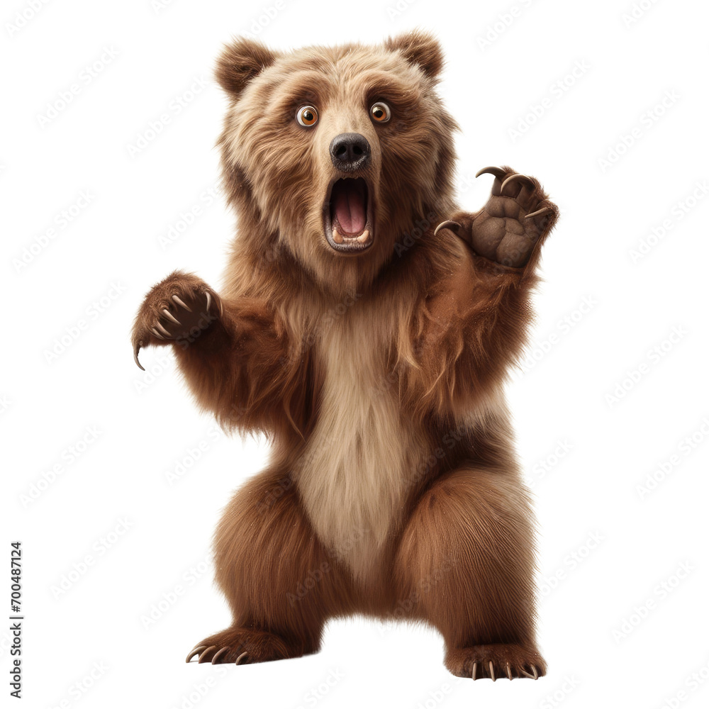 Grizzly bear standing excited and looking to surprised isolated on transparent background. Grizzly bear shocking for something. - obrazy, fototapety, plakaty 