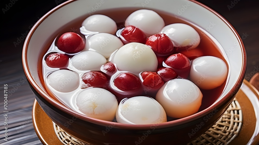 Homemade red and white tangyuan with syrup soup, dried longan pulp, red dates for Winter solstice. Homemade red and white tangyuan with syrup soup, dried longan pulp, red dates for Winter solstice.