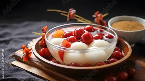 Homemade red and white tangyuan with syrup soup, dried longan pulp, red dates for Winter solstice. photo