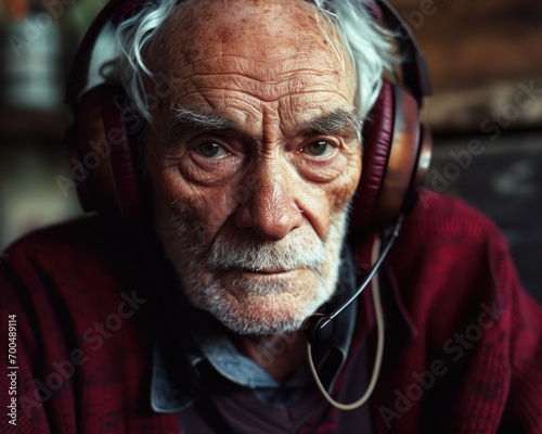 An elderly man music with headphones, diverse active seniors pictures