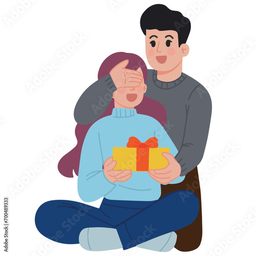 Cute romantic couple a man giving suprise illustration