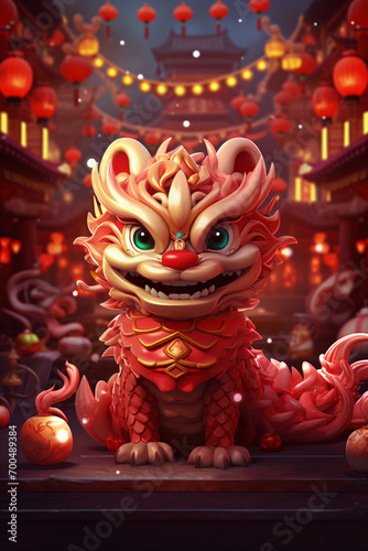 Chinese cartoon dragon at new year celebration with red lampions