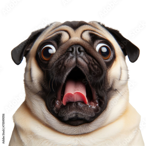 Funny pug dog looking to surprised isolated on transparent background. Pug dog shocking for something. Close-up. © Mickey