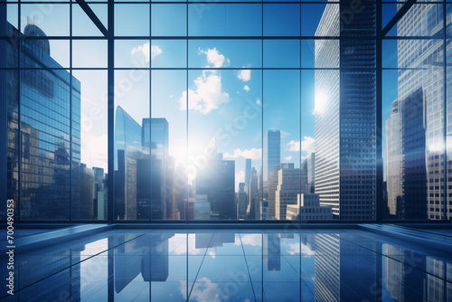 Background image of blue office building glass windows with skyscrapers in the background