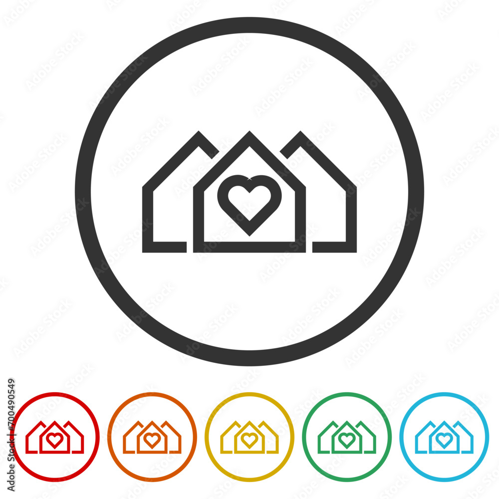 Home love logo. Set icons in color circle buttons Home love logo. Set icons in color circle buttons
