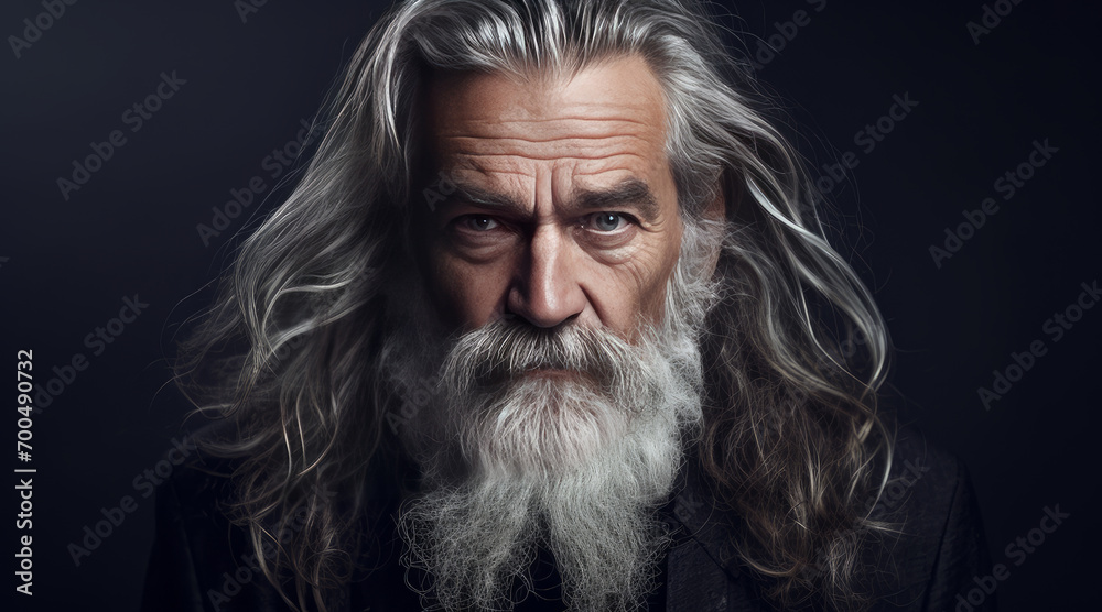 Elegant smiling elderly blond Caucasian with gray and long hair with perfect skin, on a gray background, banner. Elegant smiling elderly blond Caucasian with gray and long hair with perfect skin, on a gray background, banner.