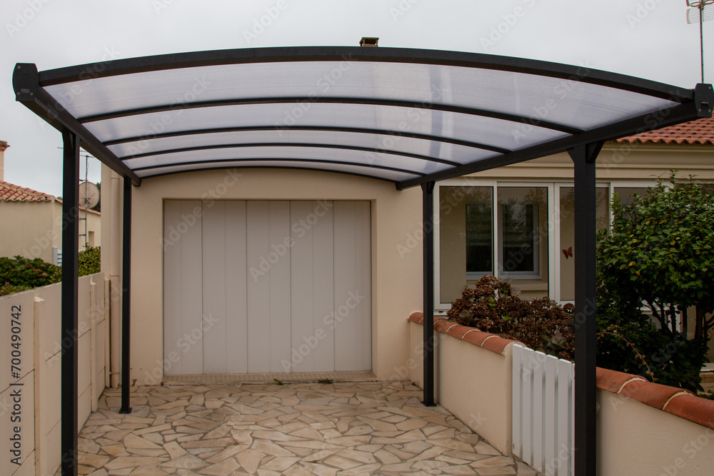 Polycarbonate carport steel on facade garage house parked place car patio pergola roof