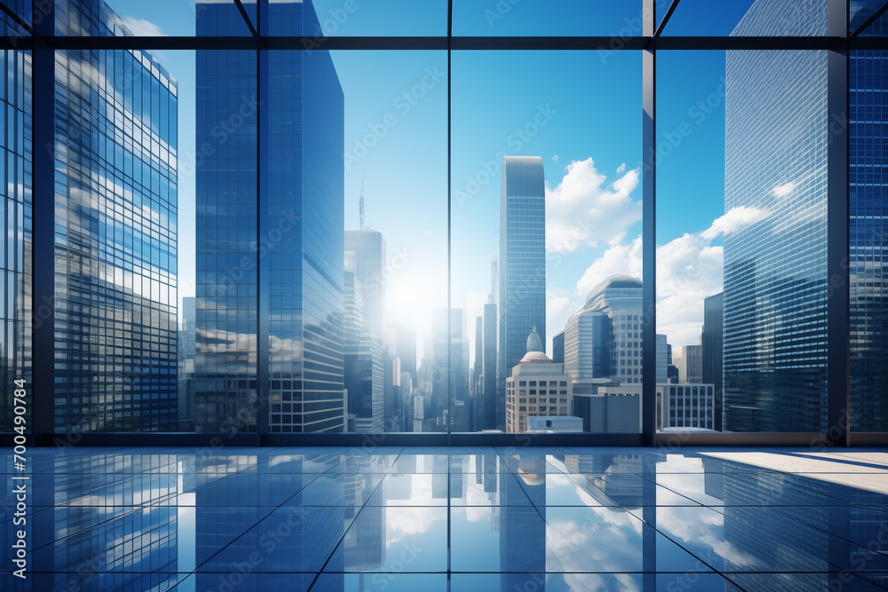 Background image of blue office building glass windows with skyscrapers in the background Background image of blue office building glass windows with skyscrapers in the background