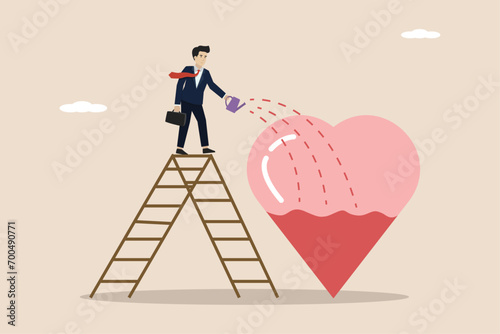 Work passion, motivation to success and win business competition, businessman pouring water to fulfill heart shape metaphor of passion