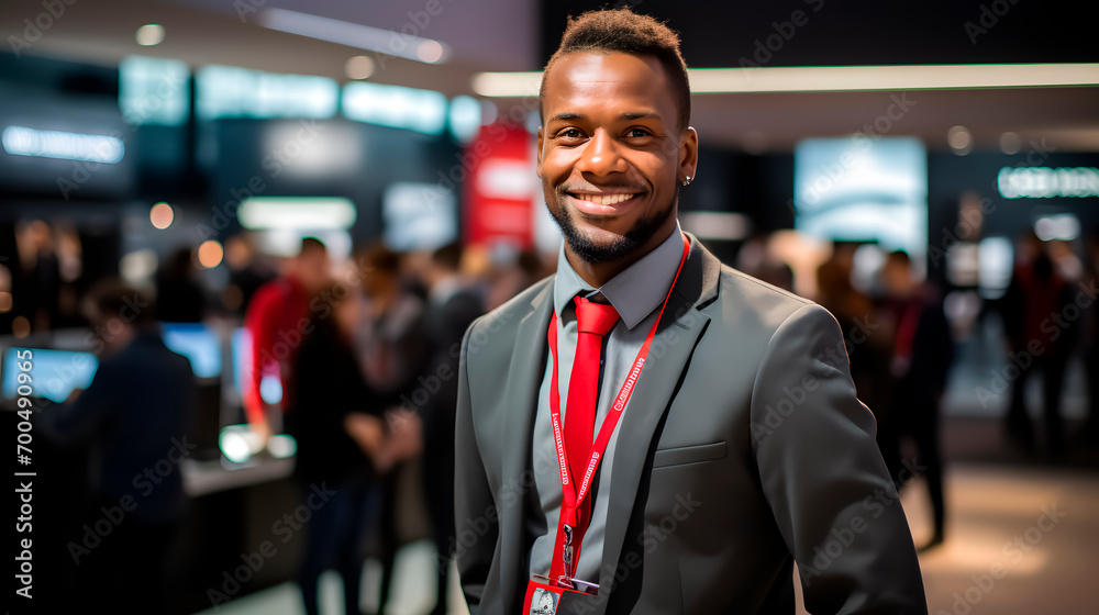 African american sales representative at a conference or in a store selling electronics products - obrazy, fototapety, plakaty 