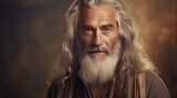 Elegant smiling elderly man with gray and long hair with perfect skin, on a golden background, banner.
