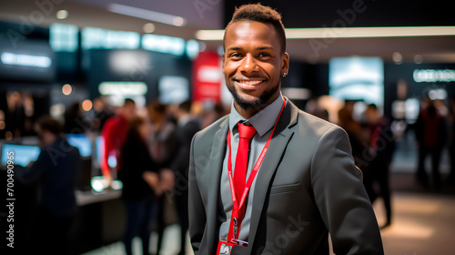 African american sales representative at a conference or in a store selling electronics products