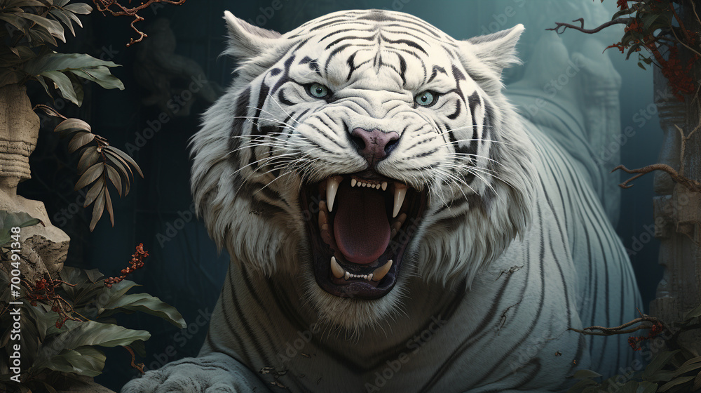 Mythical white tiger with open mouth, walking down the rocks in the forest