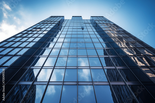 blue glass window office building from an upward angle, with blue sky and white clouds