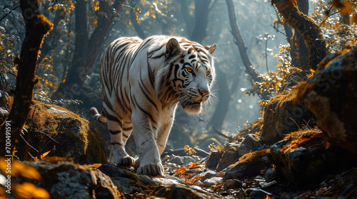 Mythical white tiger walking down the rocks in the forest photo