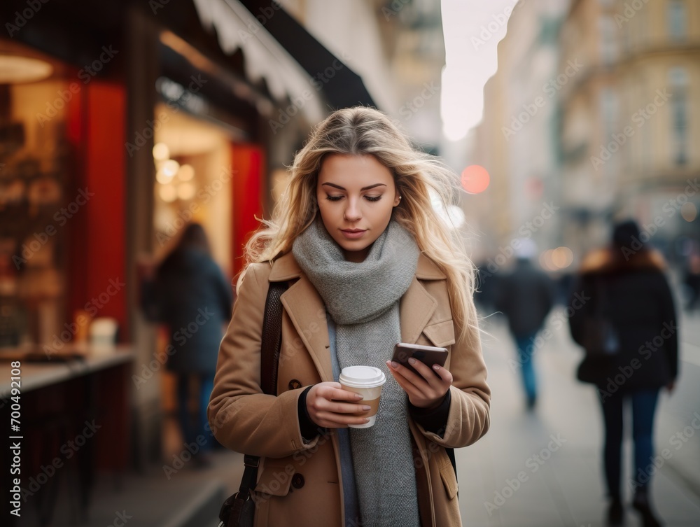 Young woman using smartphone in city street