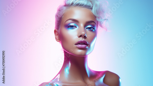 Elegant blonde woman with glamorous make-up against pink backdrop.