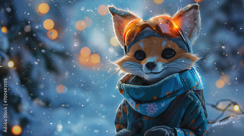 Snowboarding Fox in Winter Wonderland: A Charming 3D Illustration - obrazy, fototapety, plakaty 