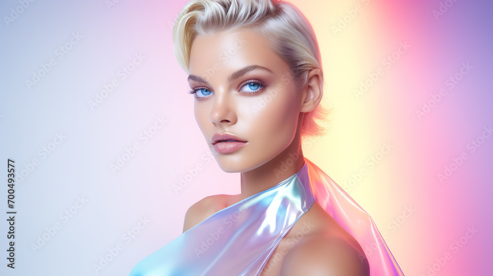 Elegant blonde woman with glamorous make-up against pink backdrop. Elegant blonde woman with glamorous make-up against pink backdrop.