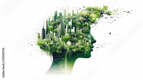Sustainable environment concept of human and building with green nature theme  photo