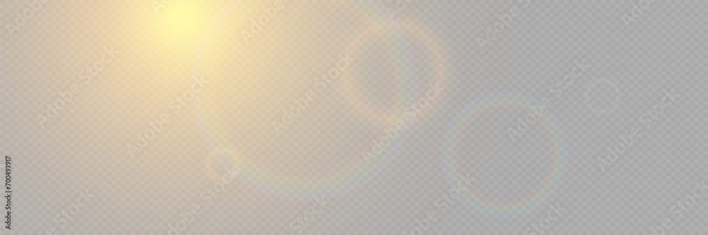 Bright light with glare and reflection of the camera lens. Sun, sun rays, dawn, lens flare on a transparent background.