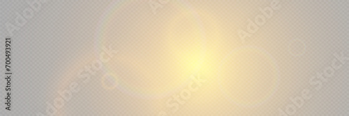 Bright light with glare and reflection of the camera lens. Sun, sun rays, dawn, lens flare on a transparent background. photo