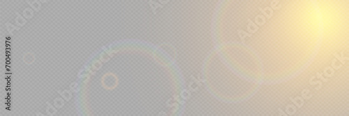 Bright light with glare and reflection of the camera lens. Sun, sun rays, dawn, lens flare on a transparent background.