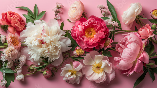 peonies  wild roses and ranunculus on a pastel pink background