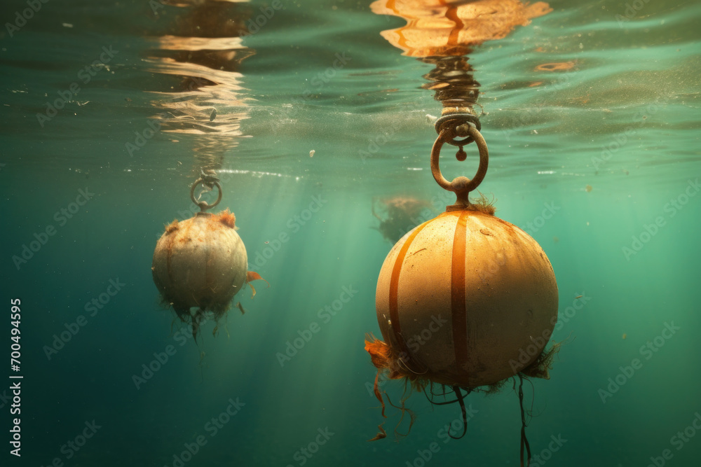 Two buoys suspended underwater with the sun's reflection dancing on the surface, invoking a serene marine atmosphere. - obrazy, fototapety, plakaty 