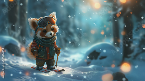 Whimsical Red Panda on a Skiing Adventure in a Magical Winter Wonderland