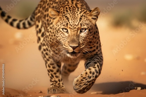 Leopard running toward the camera in the desert. Amazing African Wildlife. Generative Ai  © usman