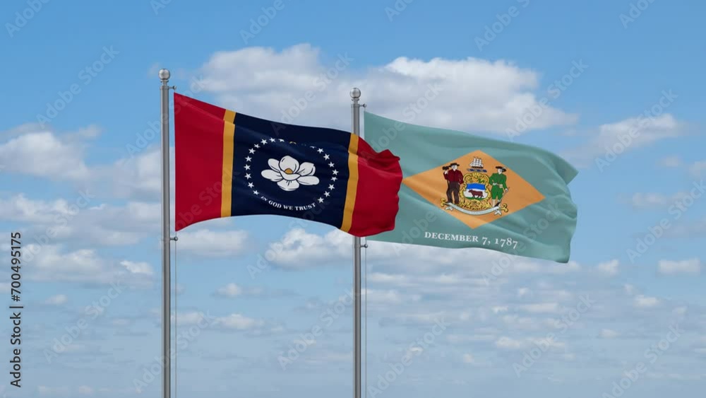 Delaware and Mississippi US state flags waving together on cloudy sky, endless seamless loop Delaware and Mississippi US state flags waving together on cloudy sky, endless seamless loop