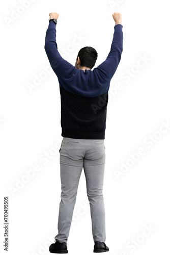 A man in a black sweater on a White background raised his hands up, back view