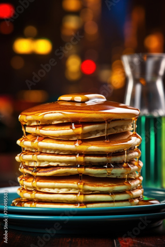 Pancakes with Syrup in Urban Evening Setting