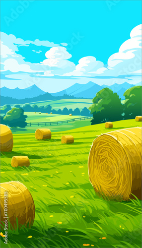 Vector landscape illustration of green field with blue sky