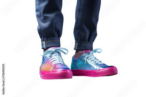 Man Wearing Colorful Sneakers in Close Up Isolated on Transparent Background