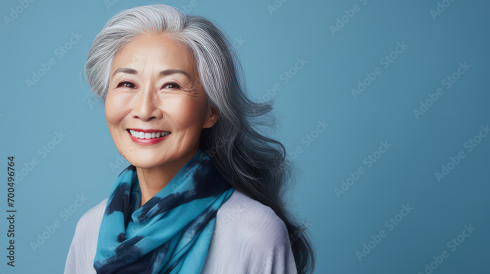 Smiling, elderly, gorgeous Asian woman with gray long hair and perfect skin, on a blue background, banner. Smiling, elderly, gorgeous Asian woman with gray long hair and perfect skin, on a blue background, banner.
