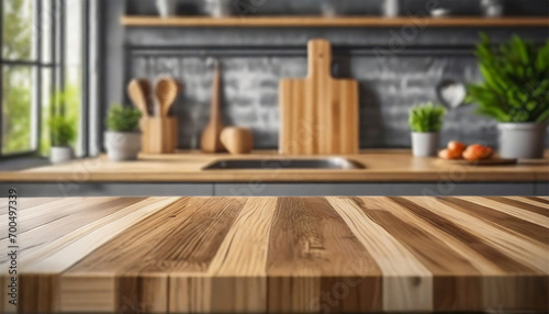 Wooden table placed on a blurred kitchen counter background. An empty wooden table against a blurred kitchen background for showcasing or assembling your products