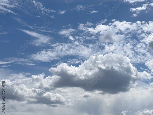 The clear and bright sky of summer, with a smooth texture of clouds and a calm and peaceful atmosphere. the summer sky, with soft and fluffy clouds
