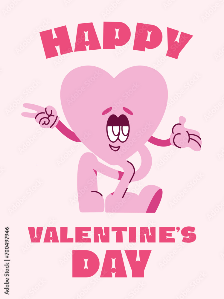Happy Valentine's Day greeting card. Groovy retro mascot happy hearts. Trendy retro 60s 70s style emoji. Y2K aesthetic. Romantic vector Hippie happy hearts in cartoon style with text isolated Happy Valentine's Day greeting card. Groovy retro mascot happy hearts. Trendy retro 60s 70s style emoji. Y2K aesthetic. Romantic vector Hippie happy hearts in cartoon style with text isolated