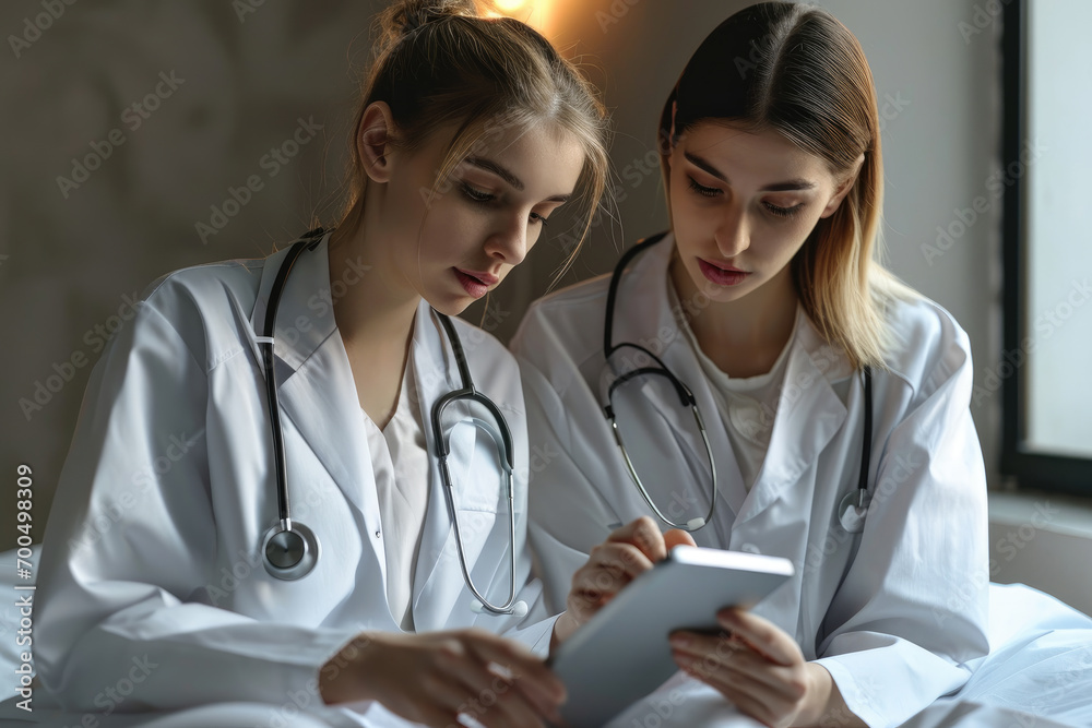 Women doctor and nurse using tablet computer in a hospital Women doctor and nurse using tablet computer in a hospital